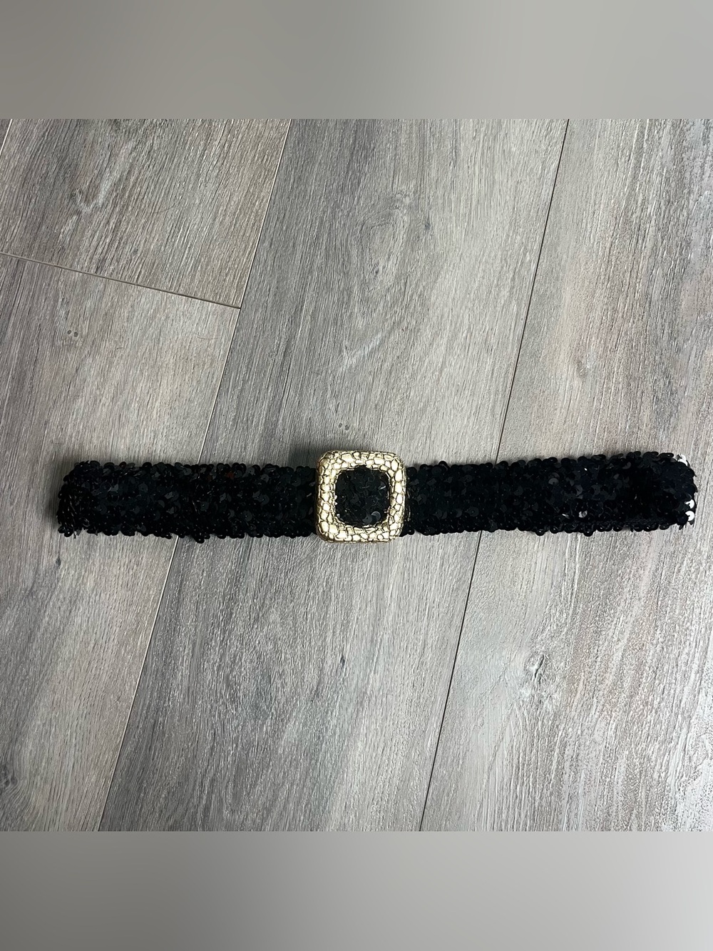 Vintage Black Sequin Waist Belt Round Buckle Boho Y2K Glam Statement